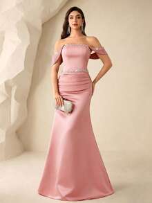 Coutiva Women's Tube Front Beaded + Rhinestone Embellished Bustier Formal Evening Gown (Heavy Workmanship Style) - Pink - View 5