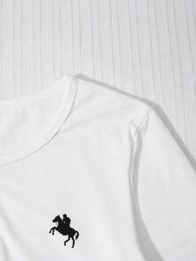 Teenager Mädchen minimalistischer lässiger Luxusstil Pony-Muster Set Halb-Knopf Langarm T-Shirt + Schwarz & Weiß vertikal gestreifte weite Hose 2 Stücke Outfit Frühling/Sommer tägliche Streetwear - Weiss - Übersicht 5