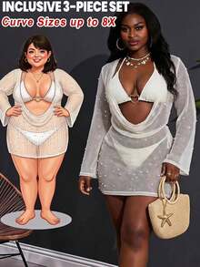 SHEIN CURVE+ 3件套加大码女士性感深V领比基尼套装 - 上衣、下装和罩衫 - 白色 - 查看 8