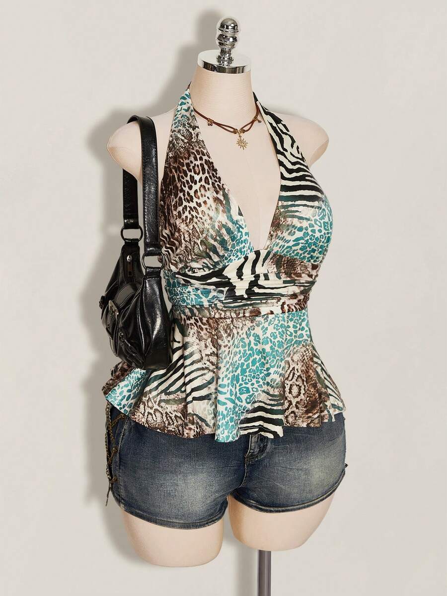SHEIN ICON 大尺碼女款復古性感個性時尚前衛都市現代千禧風Y2K豹紋印花腰部抓皺深V掛脖寬下擺修身上衣 - 彩色 - 查看 1