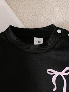 SHEIN 新生女嬰休閒甜美3D花朵衛衣與羅紋長褲套裝 - 黑色 - 查看 5