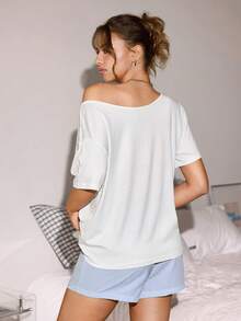 Lowkey Lull Women's Spring/Summer Basic Casual Fashion Comfortable Asymmetric Shoulder Design White Loose T-Shirt Blue And White Striped Shorts Pajama Set - Multicolor - View 3