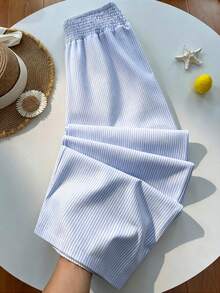 Sunnyshic Women's Spring/Summer Yellow & White Striped Straight Leg Pants With Gathered Waist, Casual Beach Vacation Stroll, Shopping, Date, Commute, Minimalist Daily Home Wear, Versatile - Blue - View 7