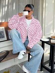 Muchica Light Pink Polka Dot Casual Versatile Commute Date Plus Size Jacket, Spring/Summer - Baby Pink - View 6