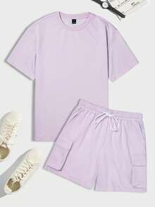 Manfinity Homme Men's Plus Size Solid Color Crew Neck Short Sleeve T-Shirt And Cargo Shorts Casual Set - Mauve Purple - View 2