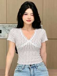 Livesso 女款愛心印花蕾絲飾邊夏季睡衣上衣 - 白色 - 查看 5