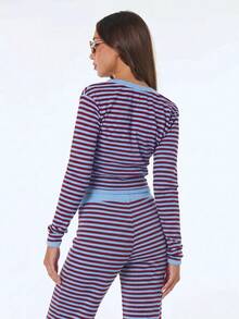 SHEIN ICON 2件組女款條紋長袖單排扣上衣與長褲休閒套裝 - 彩色 - 查看 2