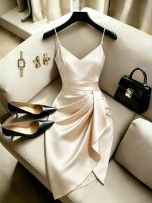 GlowEve Elegant Commuter Fashion Satin Slip Dress With Pearl Decor, Vintage Chic For Party And Gathering - Apricot - View 1
