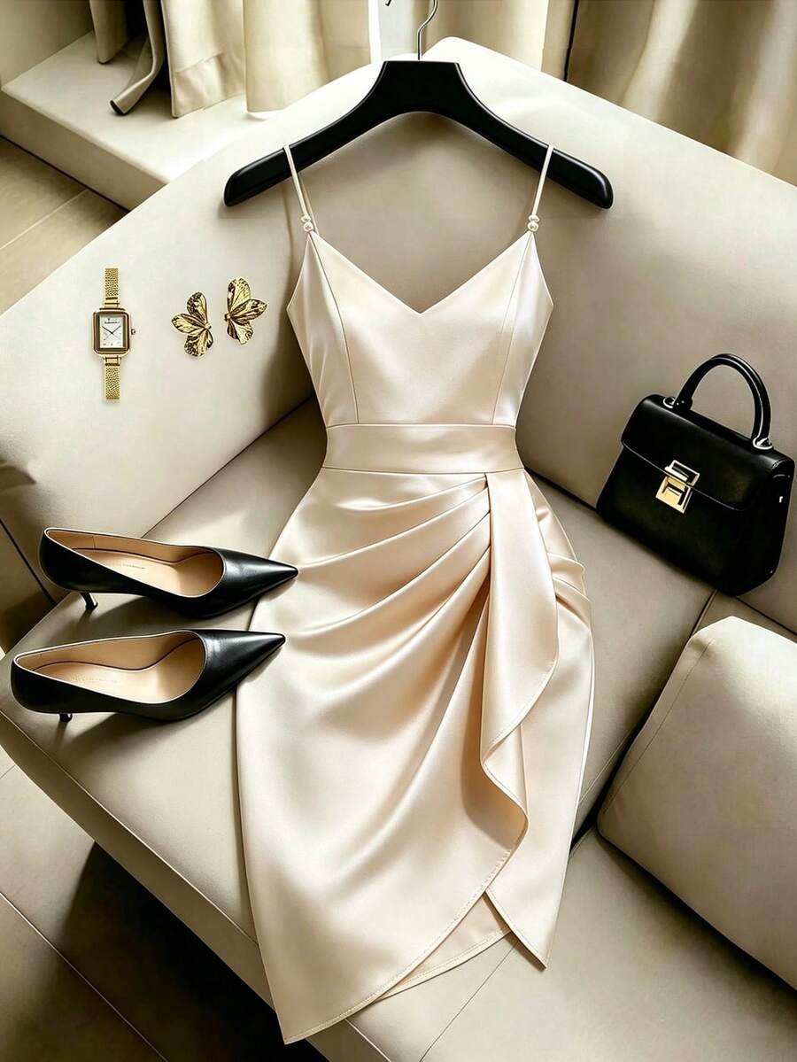 GlowEve Elegant Commuter Fashion Satin Slip Dress With Pearl Decor, Vintage Chic For Party And Gathering - Apricot - View 1