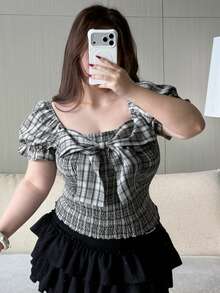 REIGN AVE Modische karierte Schleifen-Deko figurbetonte geraffte Puff-Kurzarm sexy elegante kurze Pullover-Bluse Damen Große Größen Frühling Sommer Hemd - Grau - Übersicht 6