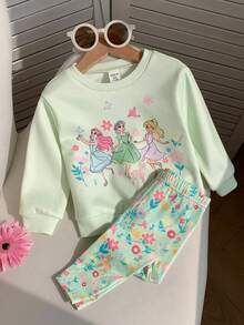 SHEIN Baby Mädchen süßes lässiges gestricktes grünes Cartoon-Muster Langarm Sweatshirt und elastische Taille lange Hose Set - Grün - Übersicht 1