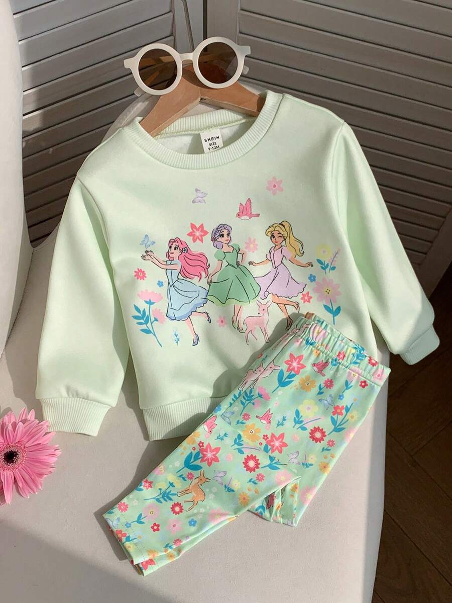 SHEIN Baby Mädchen süßes lässiges gestricktes grünes Cartoon-Muster Langarm Sweatshirt und elastische Taille lange Hose Set - Grün - Übersicht 1
