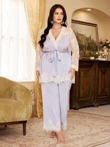 PalaceNights Misty Purple Premium Mesh Spitze Ärmel Bindung Große Größen 2 Stücke Pyjama Set - Mauve - Übersicht 5