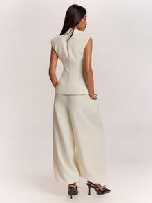 SHEIN BAE Women's White Casual Business Casual Elegant Commute Wide Shoulder Cinched Waist Ruched Sleeveless Top Long Lantern Pants 2-Piece Set Office Summer - Apricot - View 2