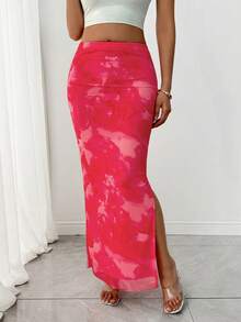 SHEIN Raffinéa Women Gradient Printed Casual Split Back Skirt - Baby Pink - View 3