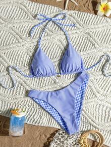 Swim Mod 女款夏季海灘條紋掛脖綁帶性感時尚比基尼兩件式泳衣套裝 - 藍色 - 查看 3