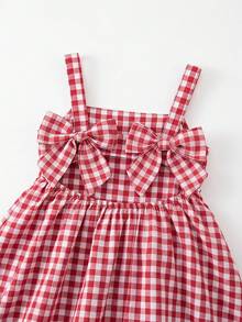 SHEIN 女童無袖紅色格紋A字連身裙，背後綁帶蝴蝶結設計，女童套裝，夏季野餐穿搭，度假度假夏日洋裝，陽光裙，沙灘裙，紅色洋裝，畢業禮服 - 紅色 - 查看 6