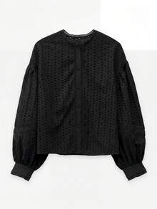 Nöista 粉色英式刺繡襯衫，帶領口與泡泡袖，優雅秋季休閒、返校、辦公室風格 - 黑色 - 查看 7