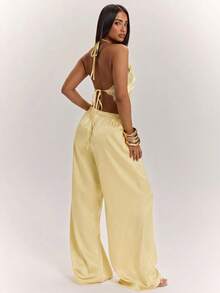 SHEIN BAE Solid Color Lace Trim Backless Halter Top And Long Pants Set - Yellow - View 2