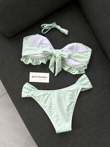 Swim Vcay Spring/Summer Solid Color Shoulder Strap Jacquard Fabric Non-Wired Bow Decor Cute Beach Vacation Swimsuit Set - Green - View 5
