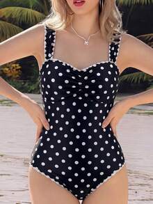 Swim Mod Women's Beach Outfits Summer Simple Elegant Floral Solid Color Ribbed Slim Fit One-Piece Swimsuit - Black and White - View 4