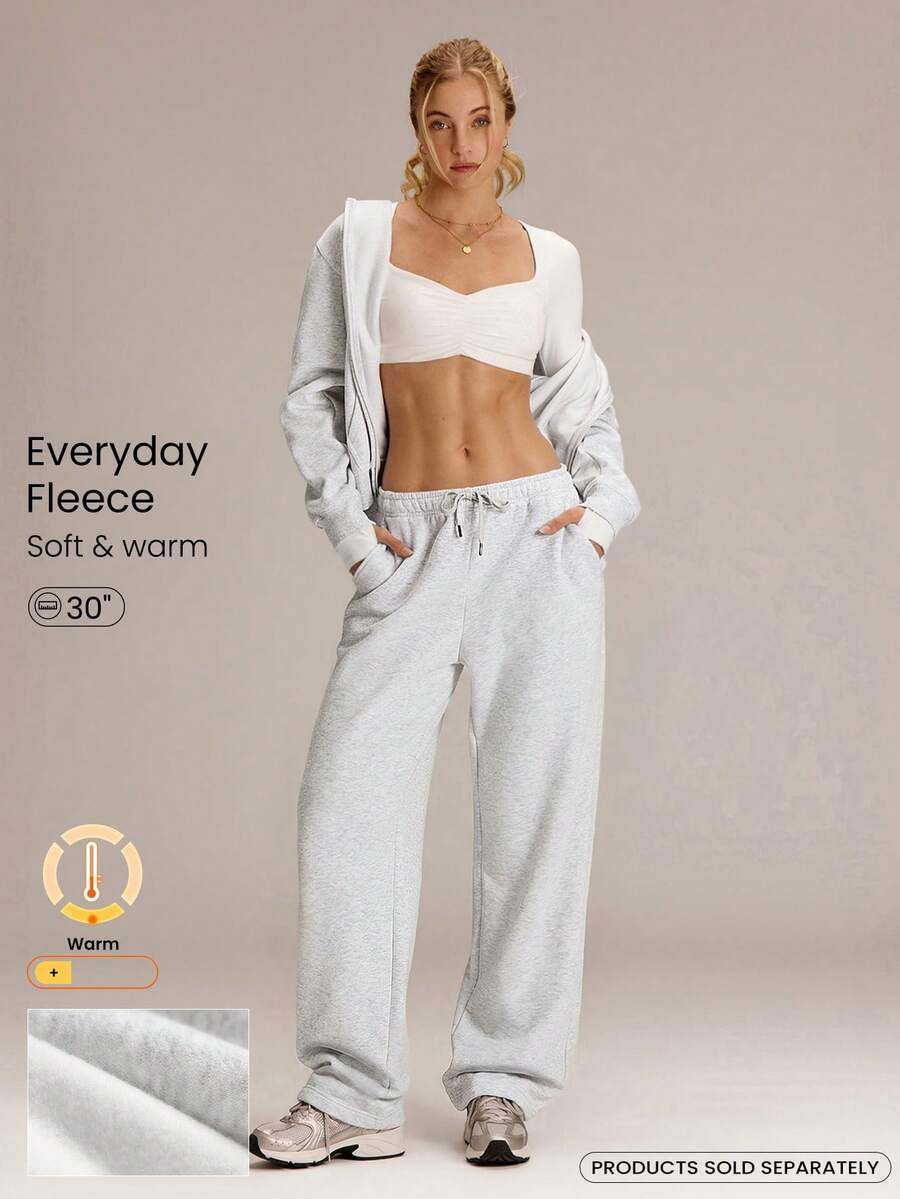 GLOWMODE 30'' Everyday Fleece Wide Leg Adjustable Drawstring Waist Basic Joggers Sweatpants With Side Pockets Daily Casual Fall Winter - Light Grey - View 1