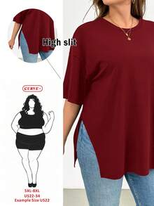 SHEIN CURVE+ 大尺碼女款酒紅色夏季休閒日常寬鬆舒適基本款下擺開衩短袖T恤 - 酒紅色 - 查看 1