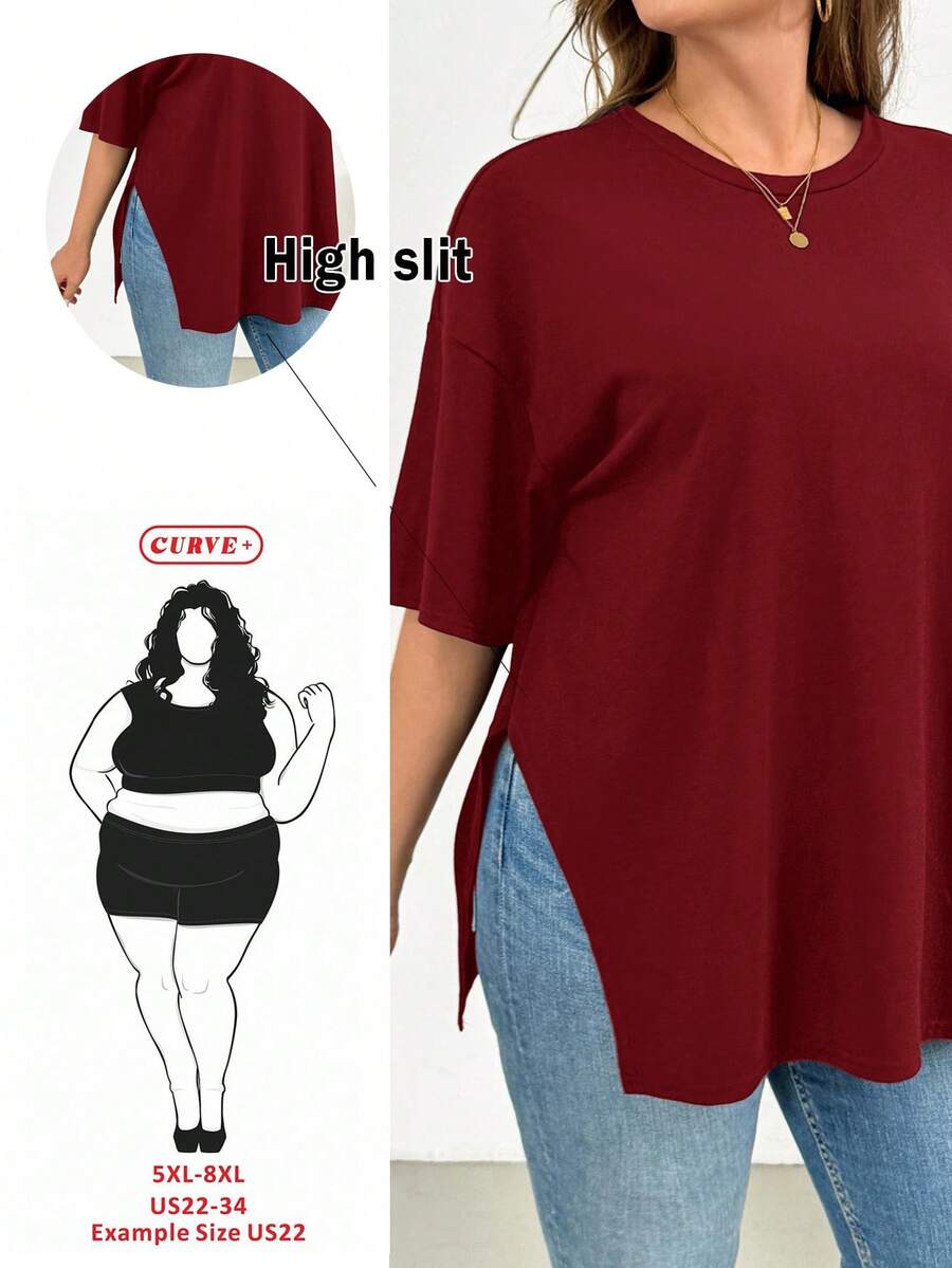 SHEIN CURVE+ 大尺碼女款酒紅色夏季休閒日常寬鬆舒適基本款下擺開衩短袖T恤 - 酒紅色 - 查看 1