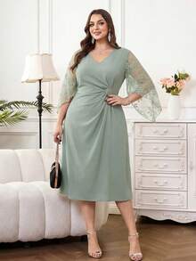 Reflora Plus Size Elegant Party Solid Color Lace Patchwork Dress - Green - View 6