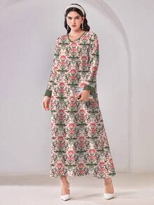 Al Najma Casual Minimalist Conservative Floral Pattern Long Sleeve Arabian Dress - Multicolor - View 3