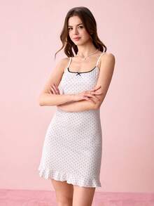 Bonmuse Women's Vintage Polka Dot Slip Dress, Spaghetti Strap V-Neck Nightgown With Ruffle Hem & Bow Accent, Bodycon Fit, Soft Breathable Fabric, Ideal Sleepwear & Loungewear For Cozy Nights & Lazy Days - White - View 5