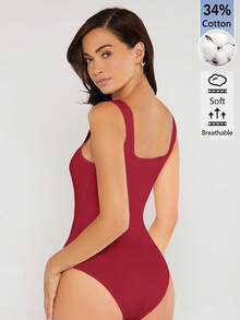 SHEIN BASICS 女款純色休閒性感百搭連身衣 日常旅行外出 白天居家服 酒紅色 夏季 - 酒紅色 - 查看 2