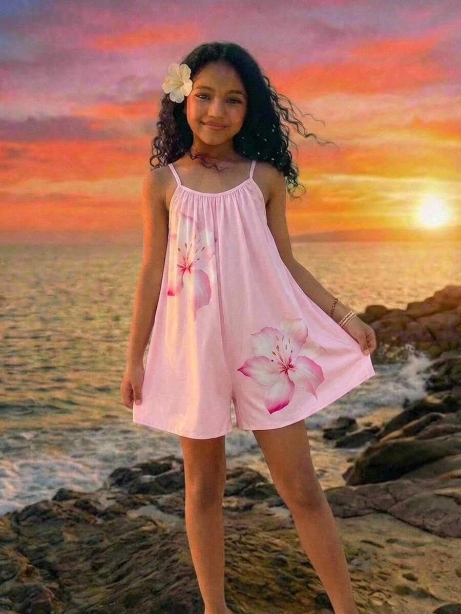 SHEIN Tween Girl 寬鬆休閒無袖花卉印花中長版連身褲 - 白色 - 查看 1