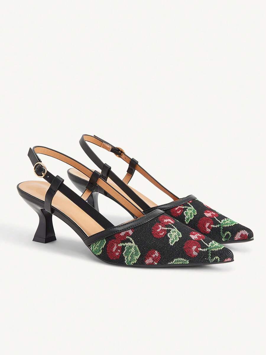 CUCCOO CHICEST 黑色櫻桃刺繡布面女款細高跟鞋 Kitten Heel 優雅新款 露跟通勤約會下午茶晚餐日常穿搭 - 黑色 - 查看 1