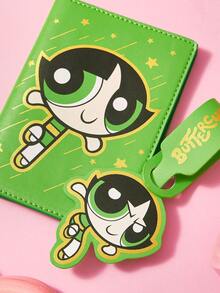 THE POWERPUFF GIRLS X SHEIN 卡通女孩主題金箔PU皮革護照套與行李吊牌組，可愛旅行文件收納夾附名片夾，卡通迷專用旅行行李箱識別標記 - 彩色 - 查看 4