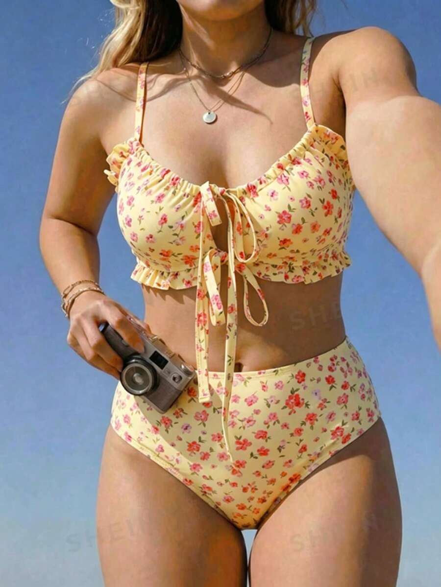 Swim Mod 2026新款女款春夏細肩帶前綁帶大尺碼海灘度假泳衣套裝 - 彩色 - 查看 1