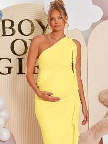 Loomaby Maternity Solid Color Asymmetric Neck Fitted Elegant Dress - Yellow - View 5
