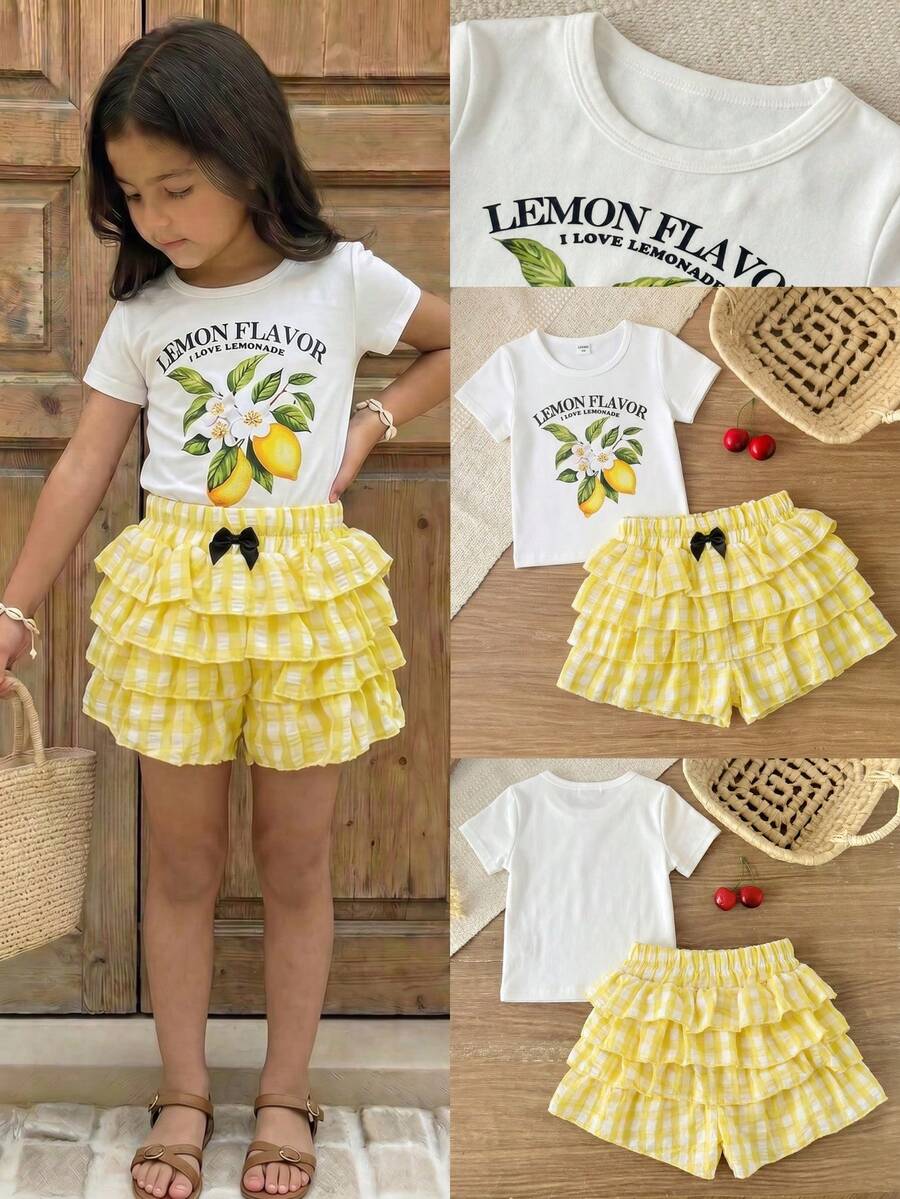Emery Rose Kids Emery Rose Kids 女童小女孩字母檸檬印花短袖T恤與蛋糕裙褲休閒套裝 - 黃色 - 查看 1