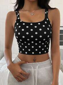 DAZY Bra Olahraga Wanita Model Tank Top Minimalis Warna Solid dengan Motif Polka Dot di Seluruh Permukaan dan Tali Ganda, Dilengkapi Bantalan, dan Desain Ringan - Hitam - View 3