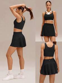 GLOWMODE 4.5" Comfy Stretchy 360° Tummy Control Ultra High-Waist V-Shaped Hip Ruffle Workout Skirt With Built-In Shorts Tennis Golf Daily Quick-Dry - Black - View 8