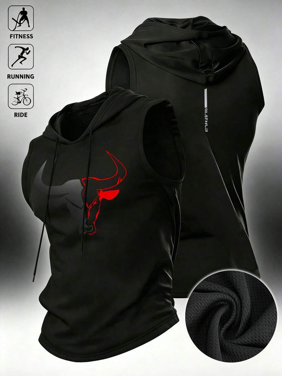 RISE LYT Men's Bull Head Print Drawstring Hooded Sports Tank Top - Black - View 1