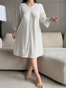 Dazy Plus Floral Loose 3/4 Sleeve V-Neck White Elegant Spring Summer Autumn Plus Size Women's Nightgown - Apricot - View 6