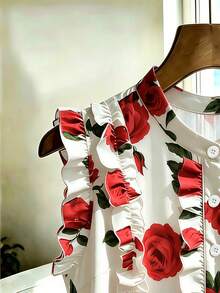 Franclia Women's Floral Print Ruffle Single-Breasted Shirt - Red - View 5