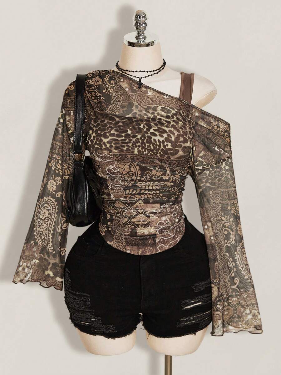 SHEIN ICON Plus Size Women's Asymmetrical Neck Ruffle Waist Semi-Sheer Patchwork Printed Top, Suitable For Spring/Summer Beach Vacation - Brown - View 1