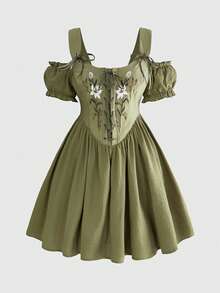 ROMWE Fairycore Vintage Floral Embroidery Mori Style Cottagecore Patchwork 2 In 1 Plus Size Dress - Green - View 5