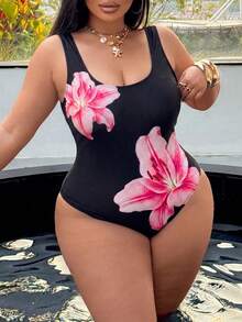 Swim Vcay 大尺碼一件式泳衣 夏季海灘度假花卉印花露背性感粉色熱帶風情泳衣 - 彩色 - 查看 4