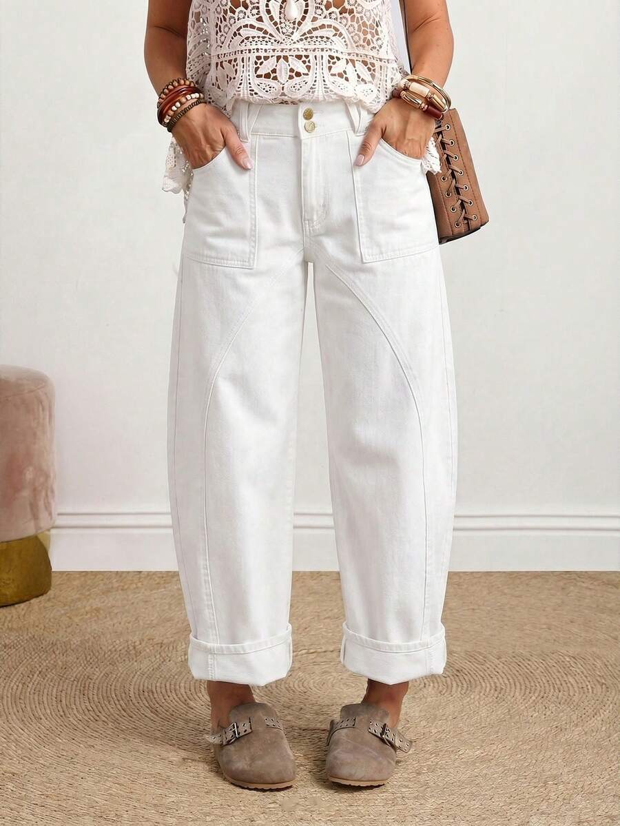 SHEIN Tall 女士休闲日常通勤简约百搭纯色斜插口袋直筒牛仔裤 - 白色 - 查看 1