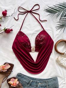 Soleia Women's Burgundy Red Sequin Spaghetti Strap Cowl Neck Starfish Buckle Cropped Camisole Tank Top Beach Vacation Night Club Out Party Summer Sexy - Burgundy - View 5