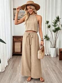 SHEIN Holidaya Setelan Kasual 2 Potong Wanita Warna Polos Model Tank Top Halter Neck dan Celana Panjang untuk Liburan - Khaki - View 3