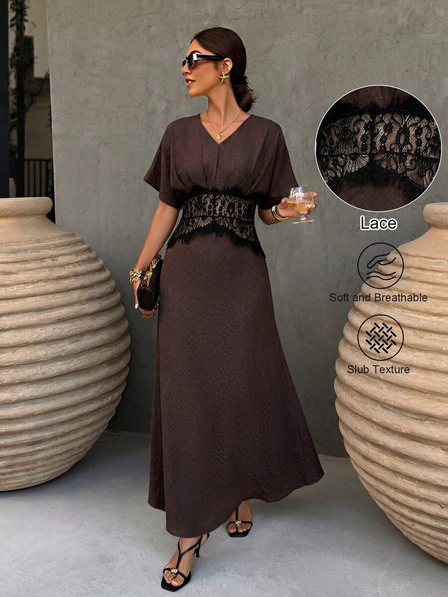 Flora Isola Flora Isola 棕色蕾絲腰部V領長洋裝,優雅蕾絲短袖飄逸洋裝,適合上班、晚餐聚會、夜晚外出、夏季穿著 - 棕色 - 查看 1
